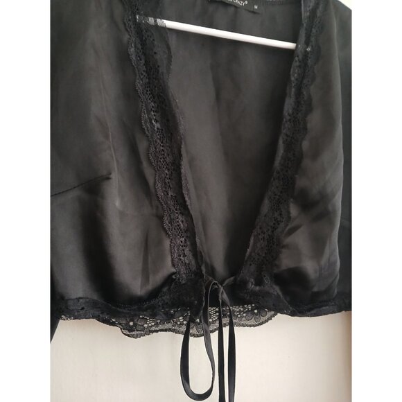 Double Crazy Womens M Black Satin Crop‎ Top Long Sleeve Tie Front  Blouse Party - Picture 2 of 6